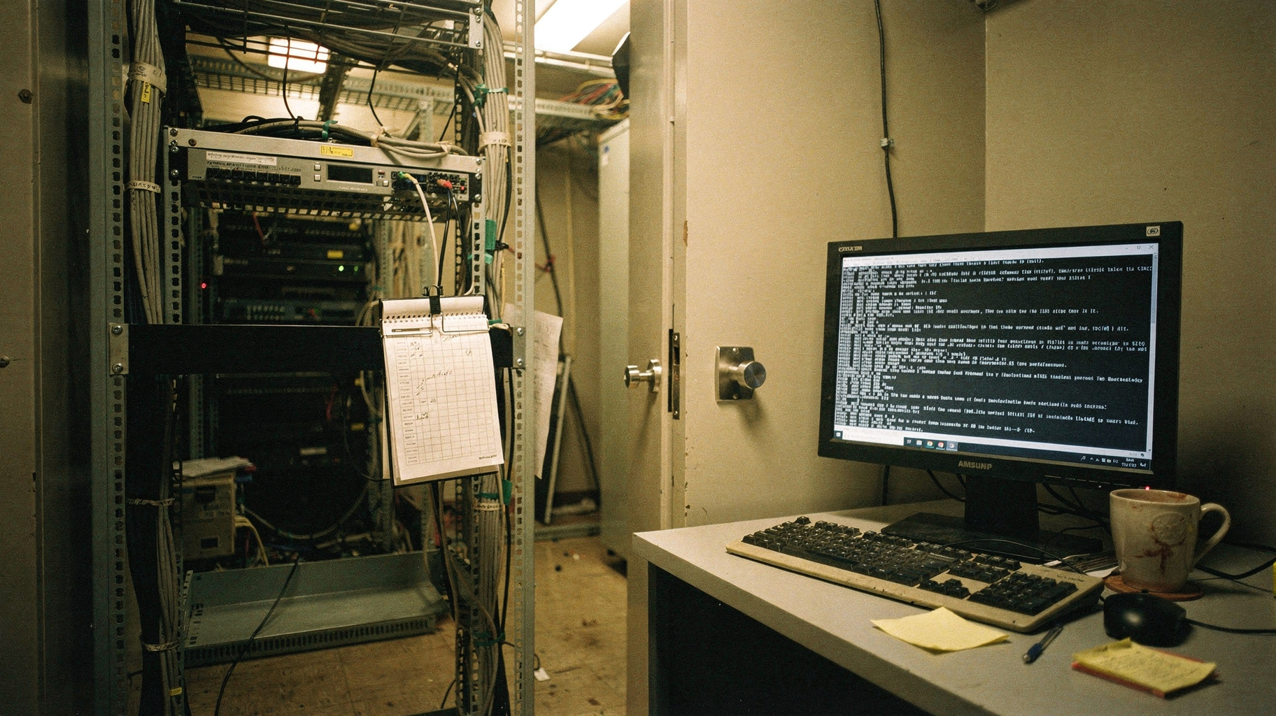 A documentary photograph of a humming server rack in a dim operations room, a clipboard hanging from a lock ring beside it