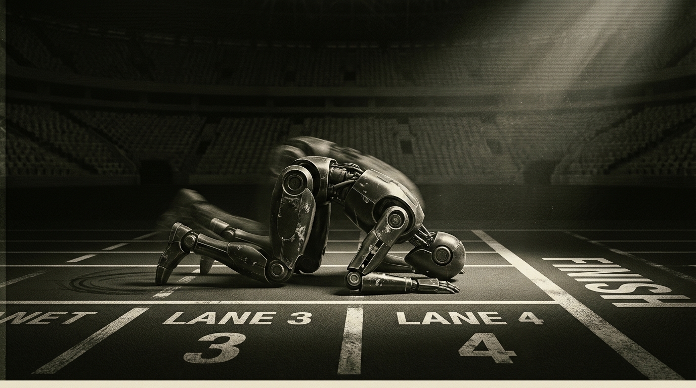 A humanoid robot collapsed mid-sprint on an indoor running track, folded forward at the waist