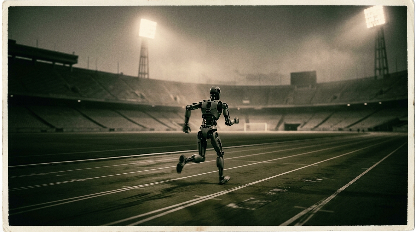 A humanoid robot sprinting alone on a stadium running track under towering floodlights at dusk
