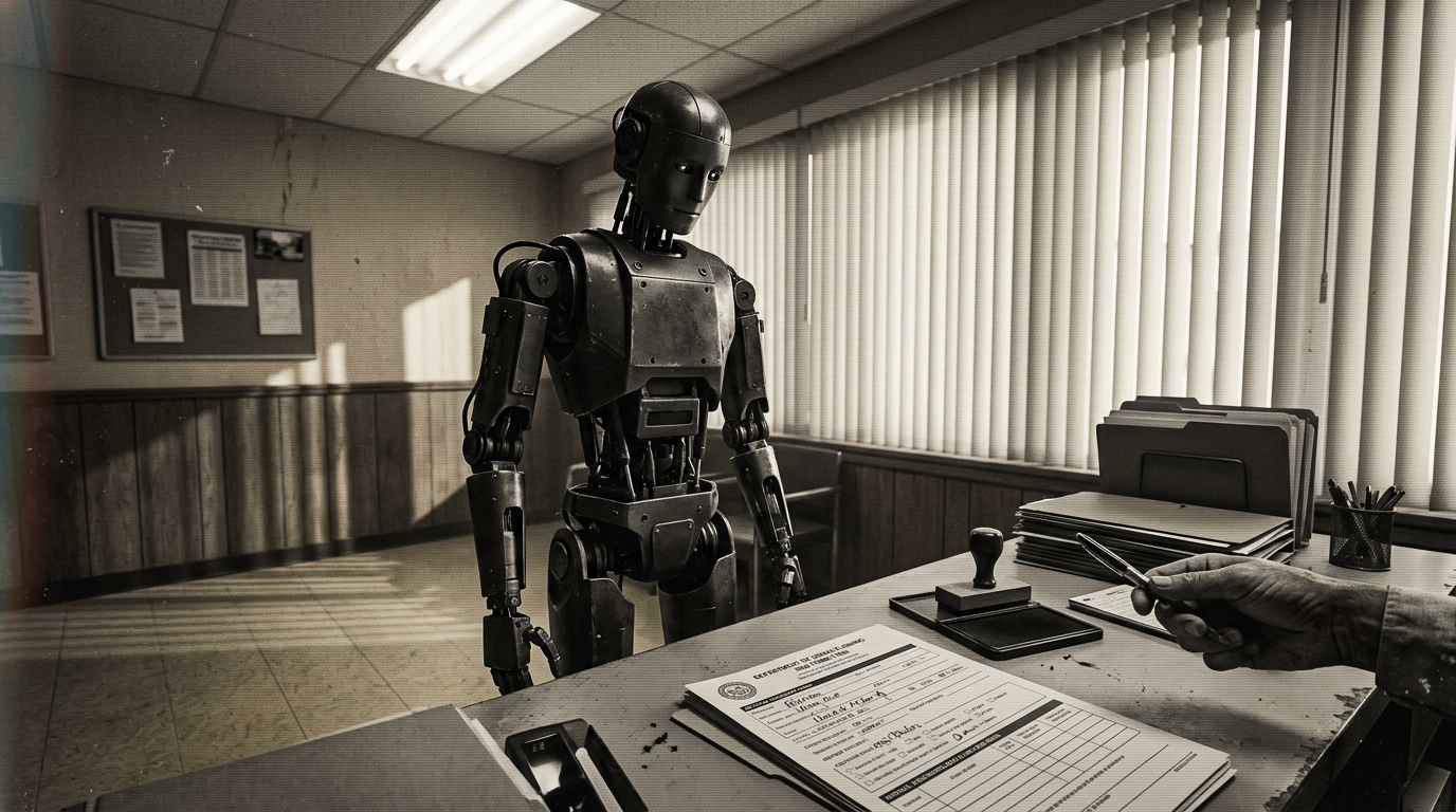 A humanoid robot before a municipal permit counter