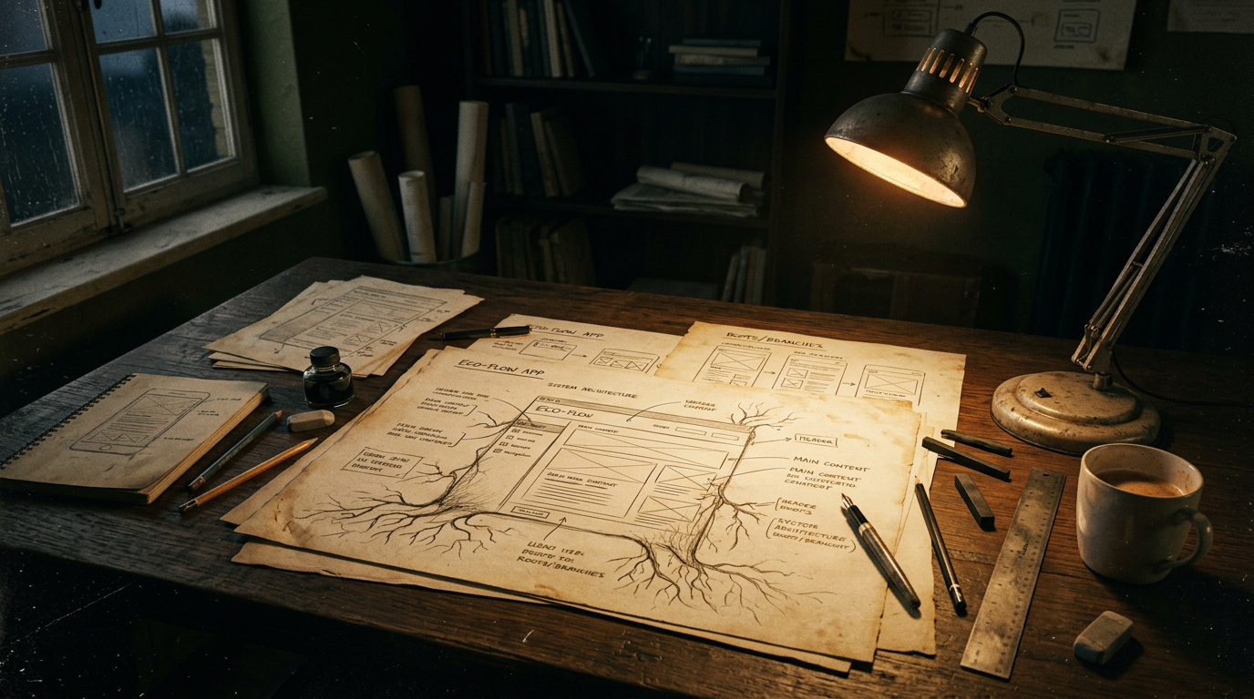 A website wireframe with organic tendrils growing from grid lines
