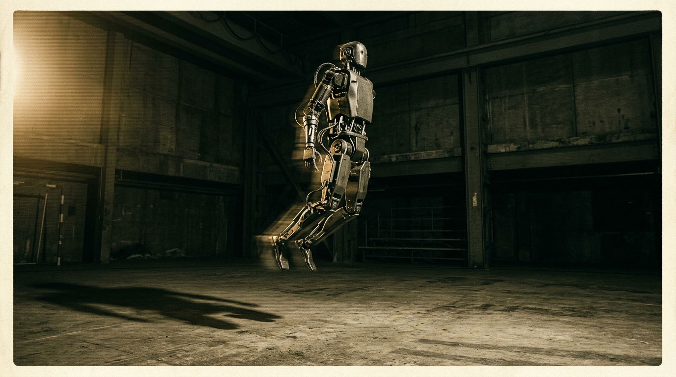 A humanoid robot frozen mid-leap in a dark arena