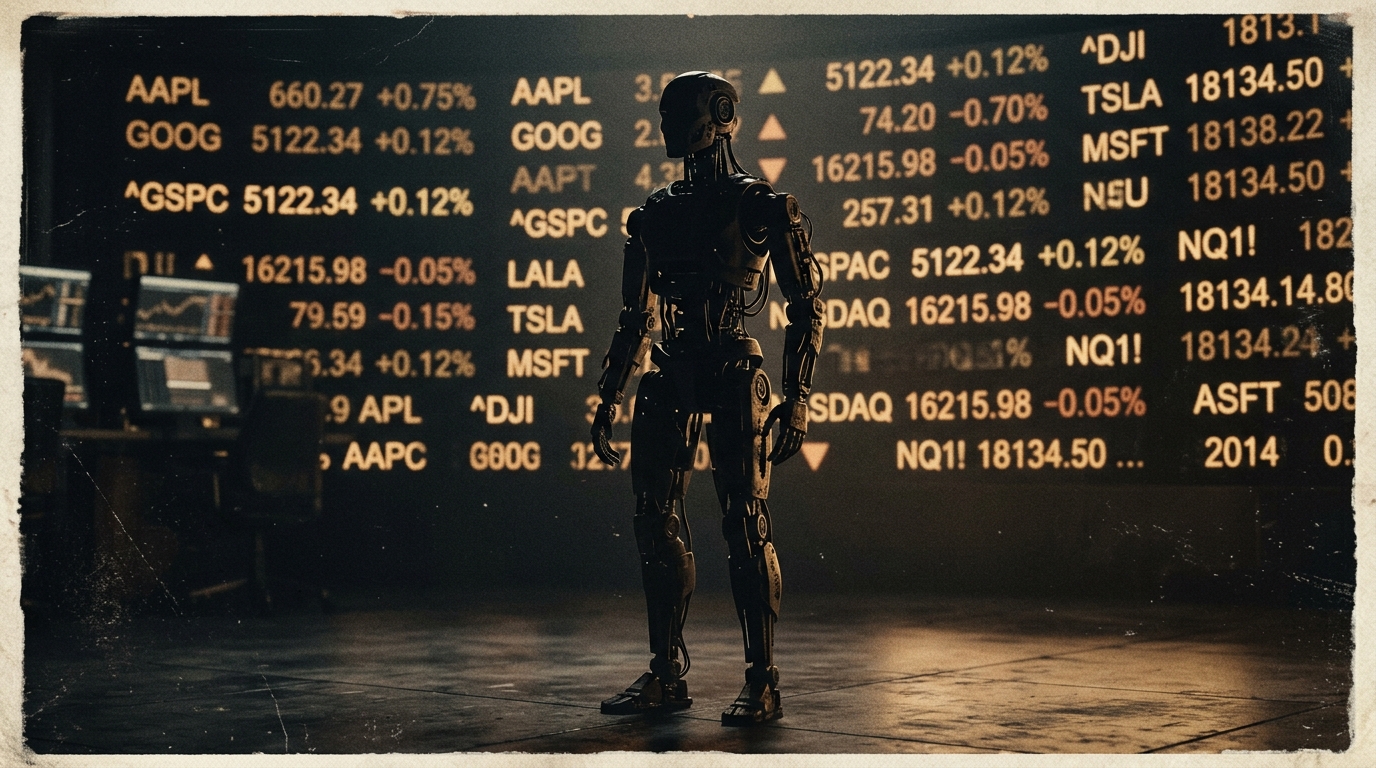 A humanoid robot silhouette standing before a dark stock ticker board