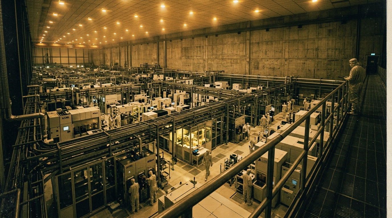 A vast semiconductor fab cleanroom floor stretching to a concrete wall