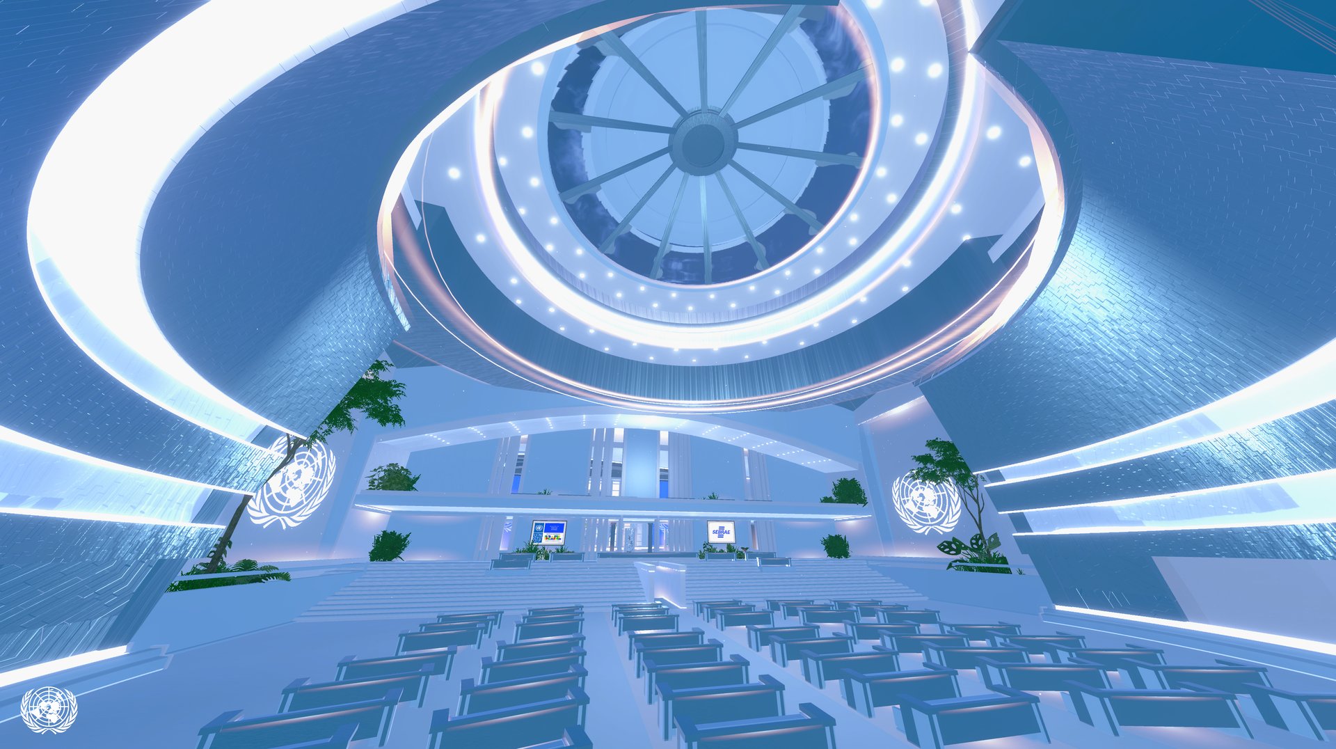 Looking up at the dome of the virtual Assembly Hall main room