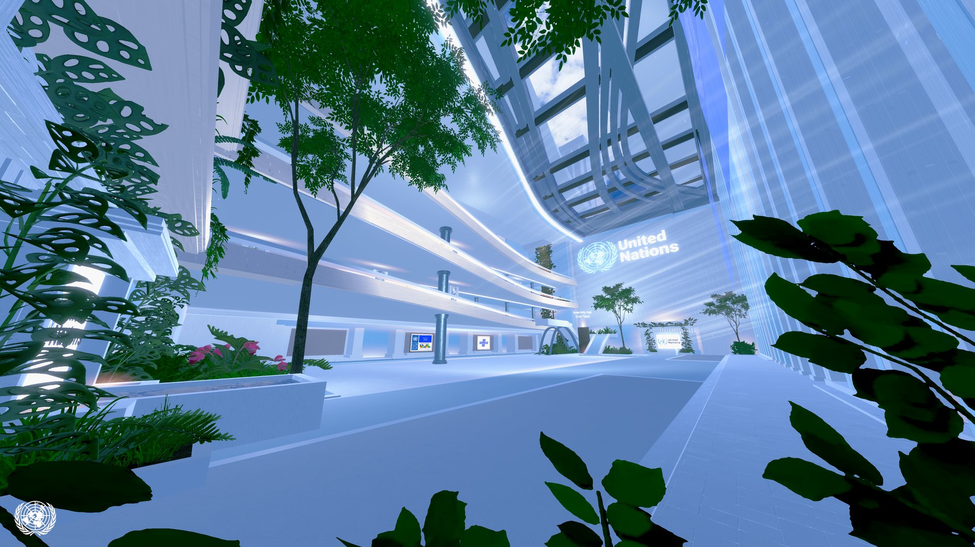 Corner view of the entry hall of the virtual Assembly Hall - finished surfaces at launch