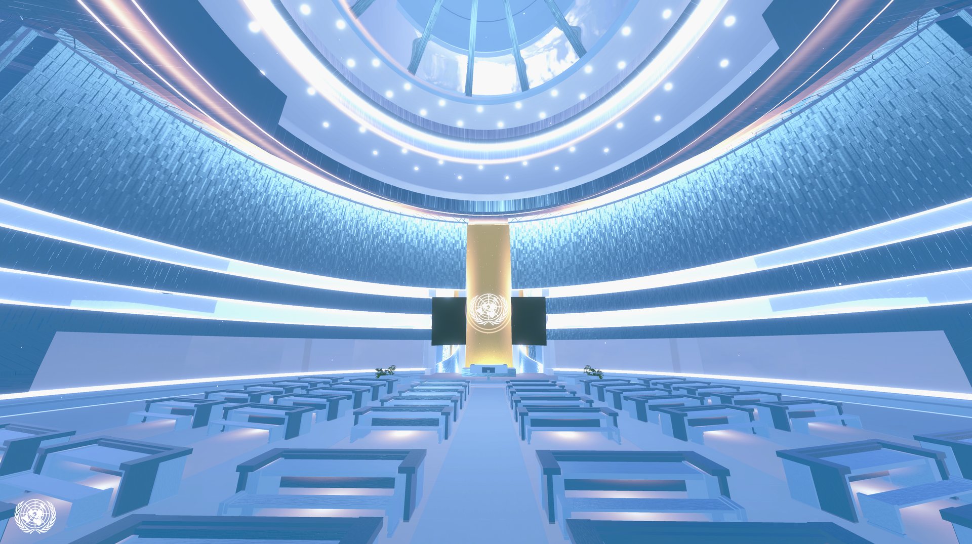 The virtual UN General Assembly Hall at launch - the finished chamber as it stood for COP30