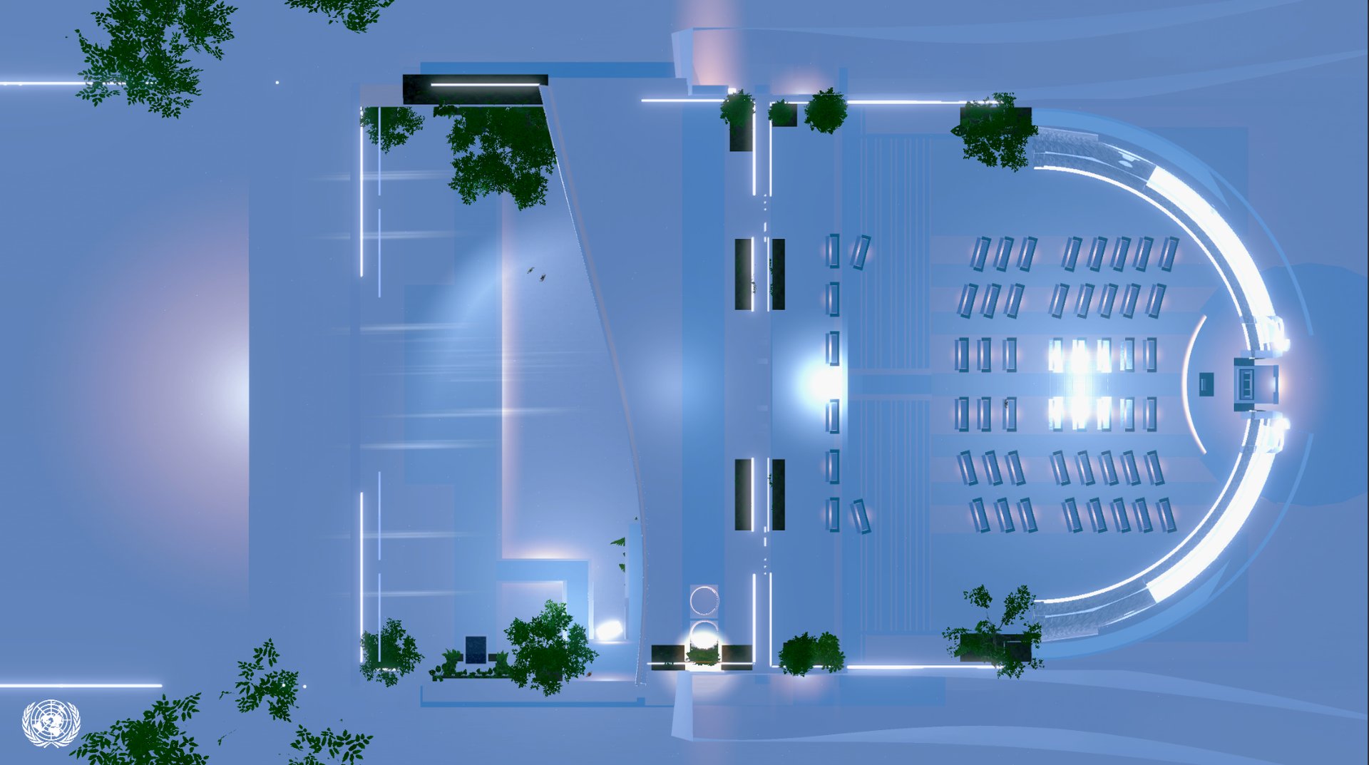 The Assembly Hall seating plan in the virtual hall - every desk placed for sightlines