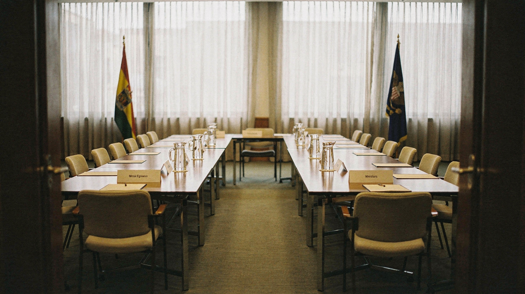 A documentary photograph of an empty diplomatic meeting room with two long tables facing each other, nameplates set, chairs unoccupied