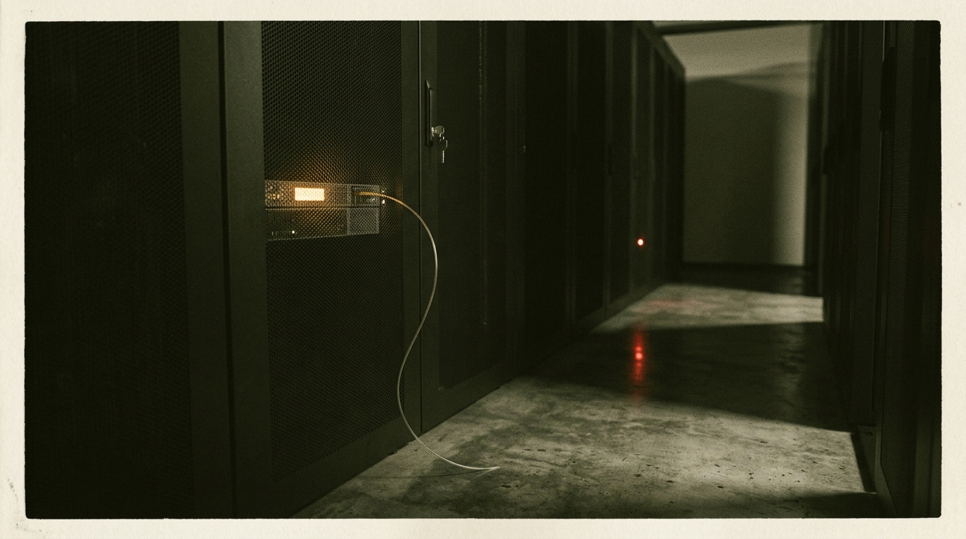 A dim server room at night, a rack-mounted appliance glowing faint amber, a thin fiber cable escaping through a gap in the rack door