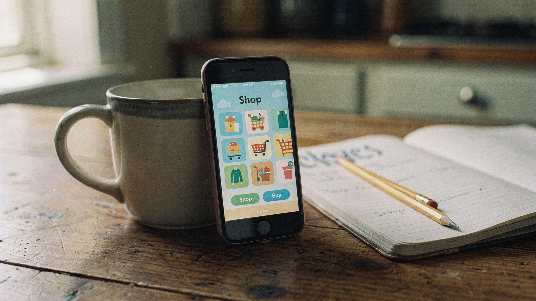 A phone running a shopping game on a kitchen table, morning light